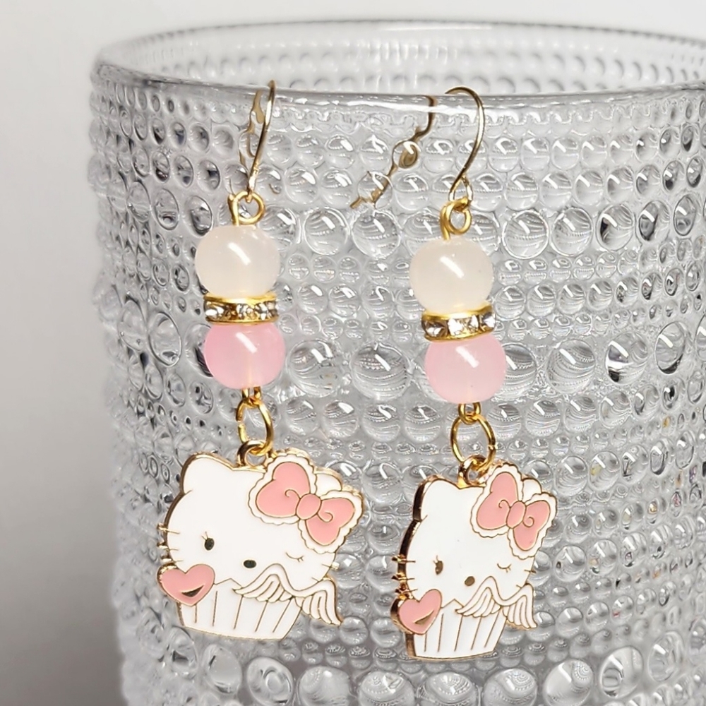 Angel Hello Kitty Cupcake Beaded Earrings Pink White Rhinestones Hand Crafted